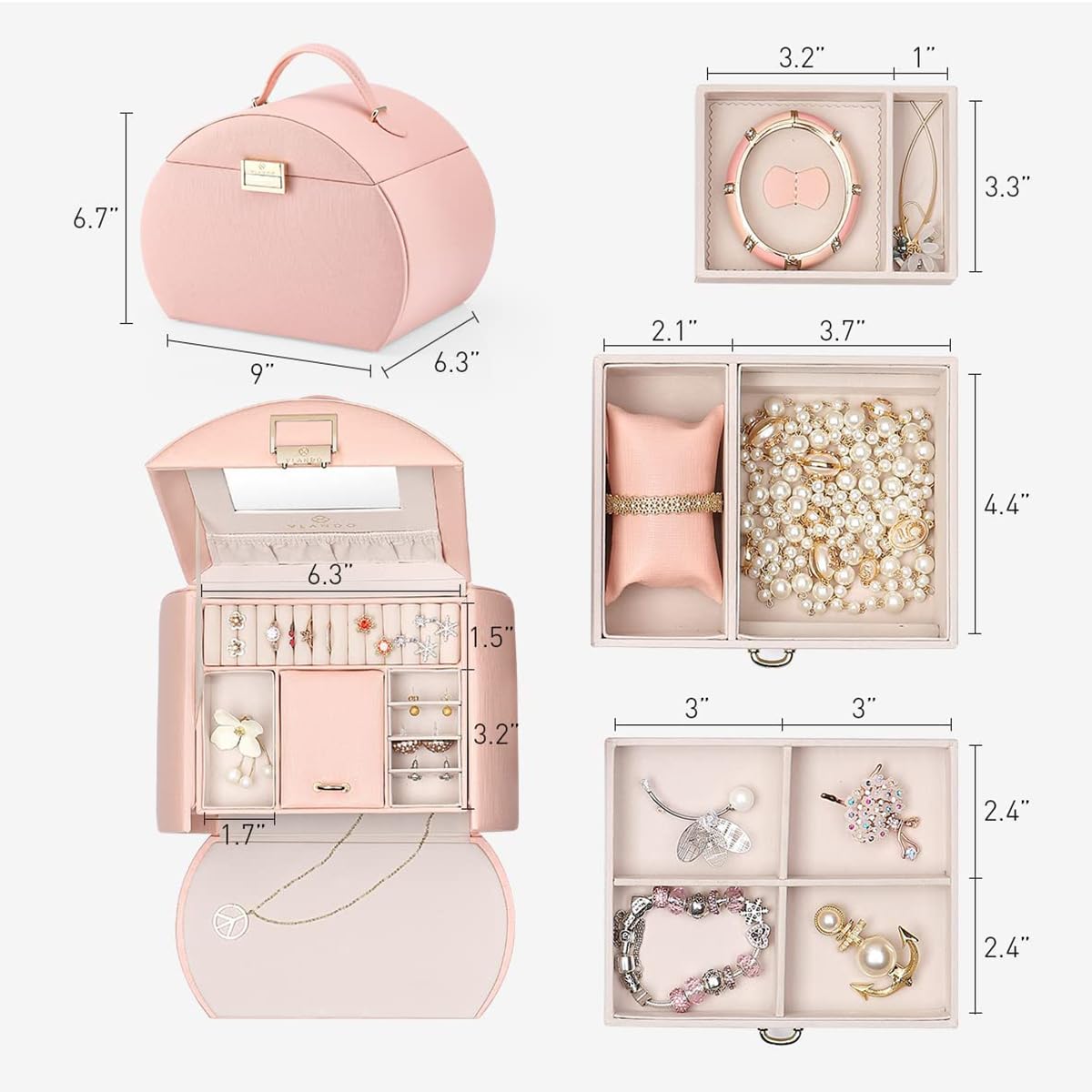 Vlando Jewelry Box Organizer, Leather Mirrored Jewelry Case in Princess Style, Necklaces Earrings Rings Watch Storage Holder, Pink