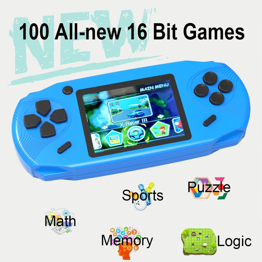 Beijue 16 Bit Handheld Games for Kids Adults 3.0'' Large Screen Preloaded 100 HD Classic Retro Video Games USB Rechargeable Seniors Electronic Game Player Birthday Xmas Present (Blue)