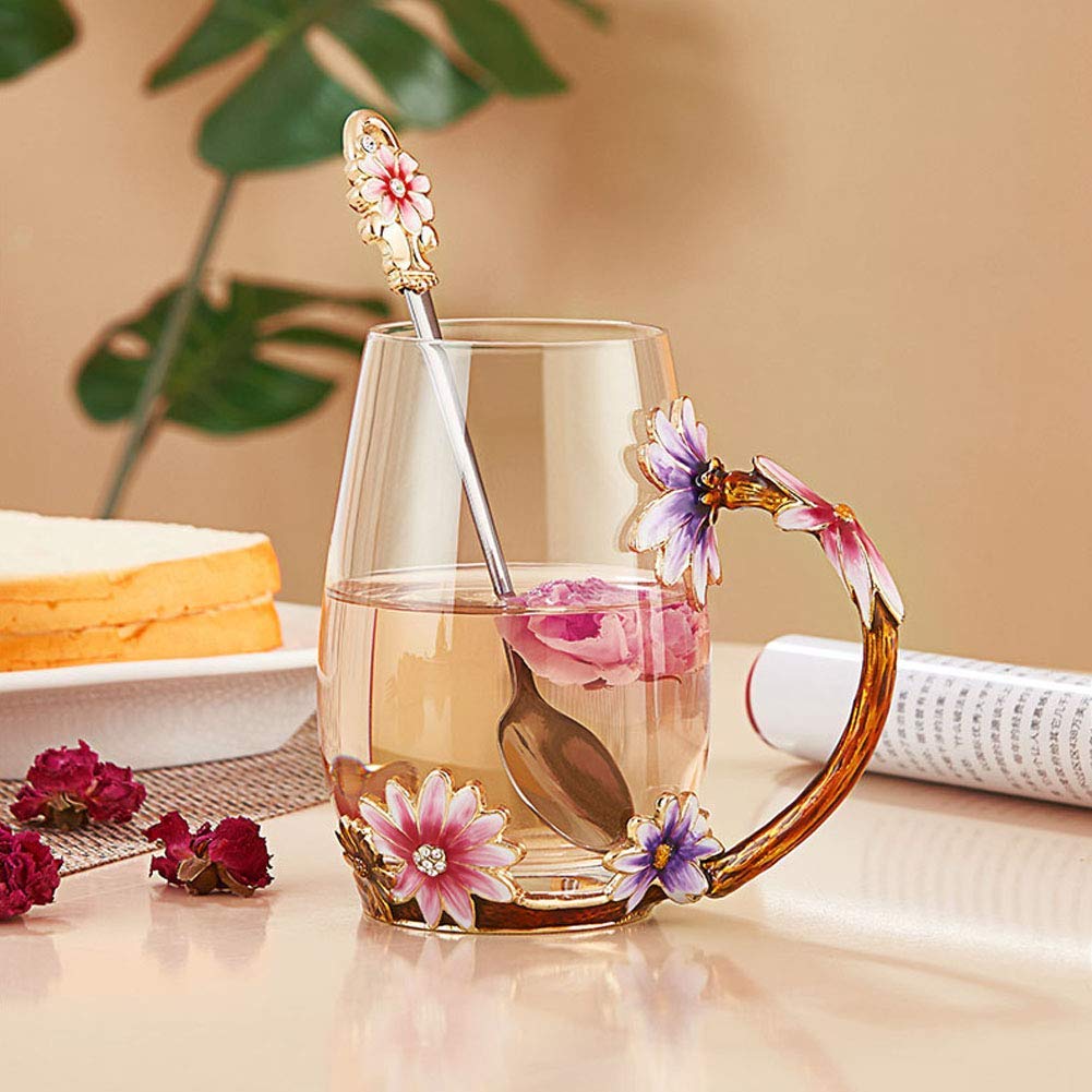 Luka Tech Enamel flower Lead-free Glass Coffee Mugs Tea Cup with Steel Spoon, Best Birthday Gifts For Women Wife Mom Friends Mothers Valentines Day Christmas (Purple-Tall)