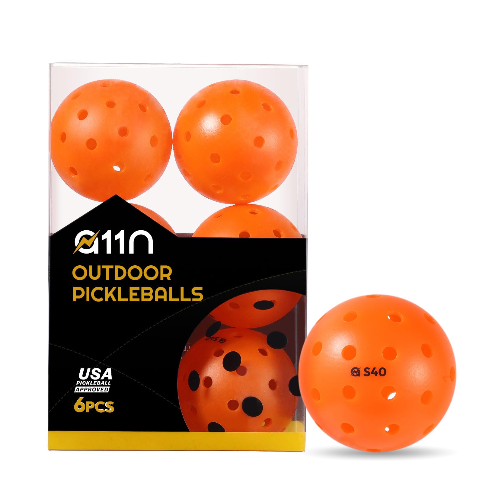 A11N S40 Outdoor Pickleball Balls- USAPA Approved, 6-Pack, Tangerine