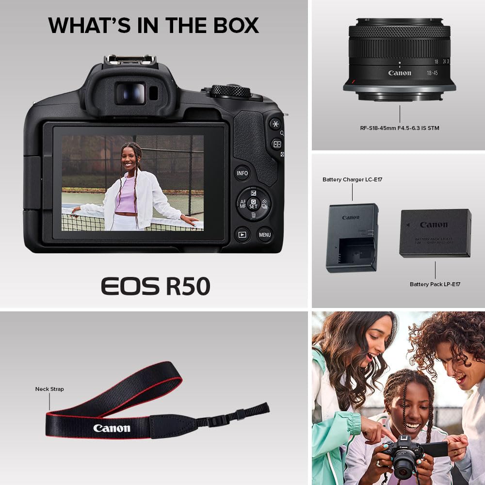 Canon EOS R50 Mirrorless Camera RF-S18-45mm F4.5-6.3 is STM Lens Kit, 24.2 Megapixel CMOS (APS-C) Sensor, 4K Video, Hybrid Camera, Photo and Video, Vlogging, Content Creator, RF Mount, Black