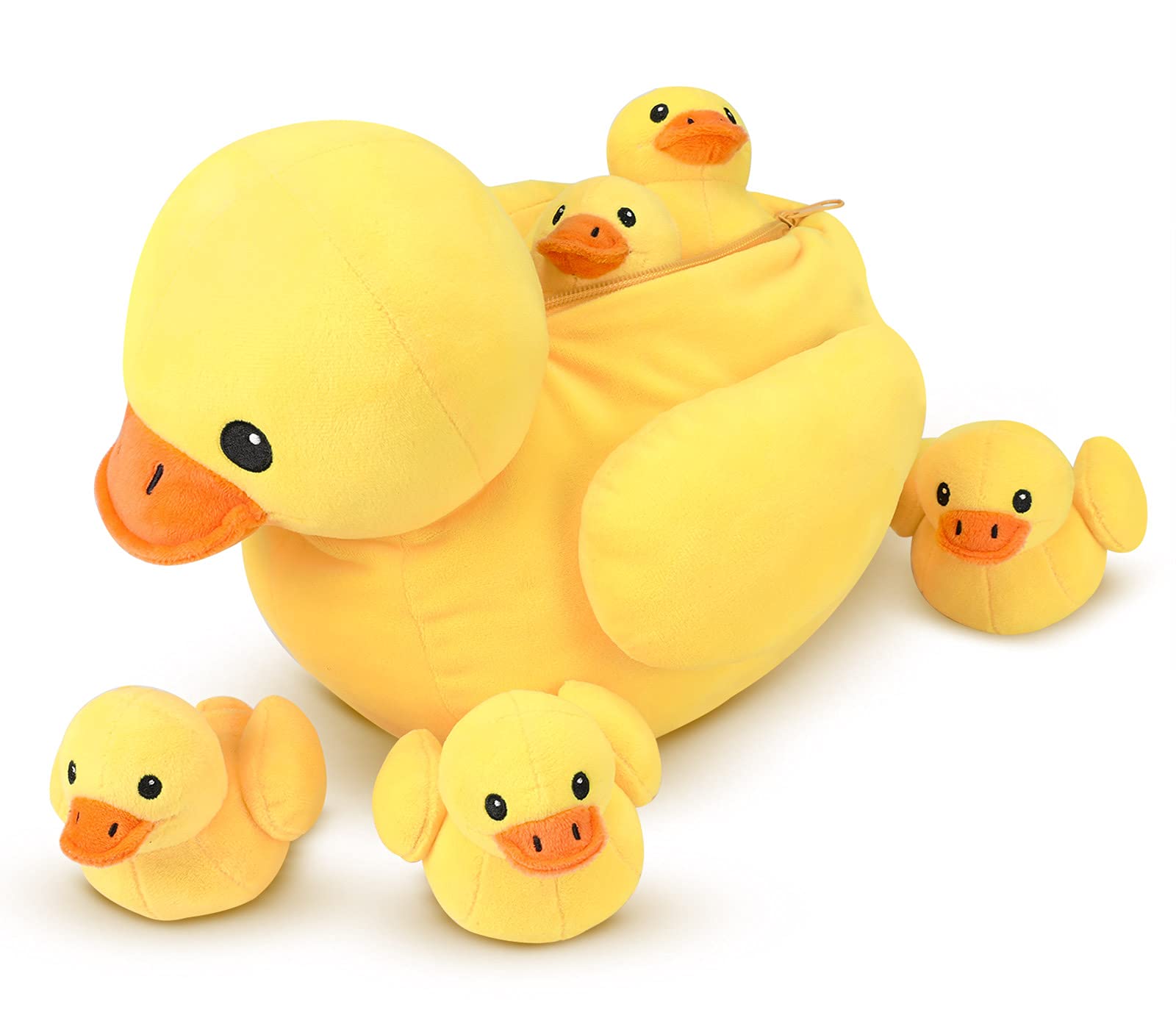 Pegmapri 14" Yellow Duck Stuffed Animal with Babies, Ducky Plush Playset with Zipper Pocket, 5pcs Ducklings Toys Plushie Birthday Gift for Kids Boy Girl