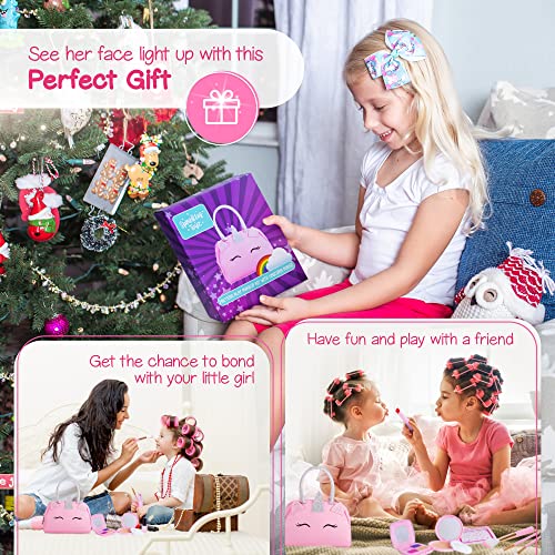 Pretend Play Makeup Kit for Little Girls with Unicorn Purse: Fake (Not Real) Make up Toy Set for Toddlers and Kids - includes Hair and Nails Accessories, Baby Girl Toys Princess Toddler Gift Set