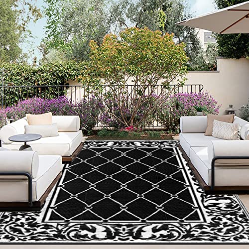 OutdoorLines Indoor Outdoor Rugs for Patio 5 Feet - Reversible Outside Carpet, Stain & UV Resistant Portable RV Mats, Plastic Straw Rug for Camping, Pool Deck, Porch Diamond/Black & White