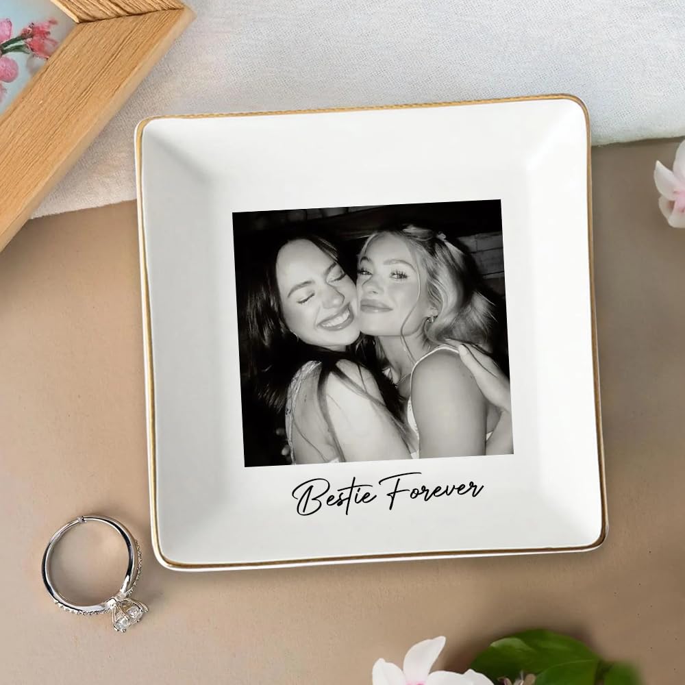 POPPOP Personalized Bestie Photo Jewelry Dish, Custom Ceramic Trinket Tray for Best Friend or Sister, Friendship Gift for Women, Birthday Christmas Keepsake for BFF