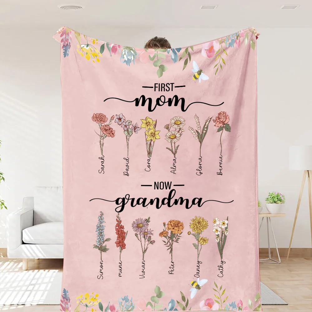Pofily First Mom Now Grandma Birth Flowers Blanket, Personalized, Mom Grandma Blanket Gift for Mom Gift for Grandma, Mom Blanket, Grandma Blanket