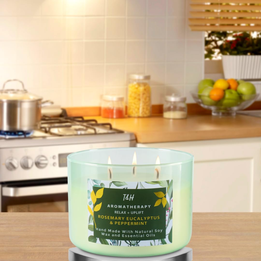 Rosemary Eucalyptus Peppermint Candle | Highly Scented Large 3 Wick Soy Candle 15.8 oz | Uplifting Fresh Eucalyptus Mint Scented Candle for Home | Aromatherapy Stress Relief Candle for Women & Men