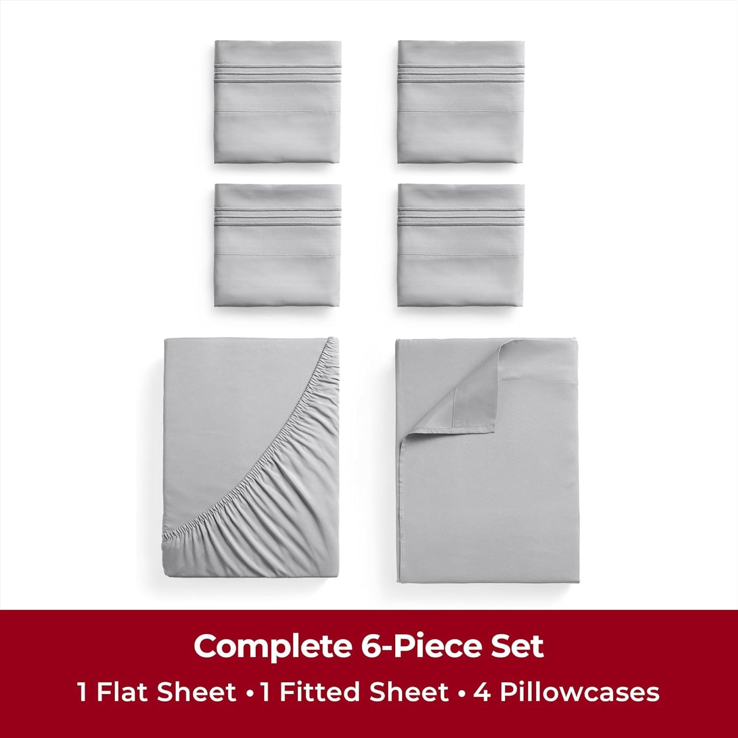 Mellanni 4PC Bed Sheet Set + 2 Pillowcases Bundle&Save - Iconic Collection Bedding - Bundle Includes: 1 Flat Sheets, 1 Fitted Sheet and 4 Pillow Cases (King, Light Gray)