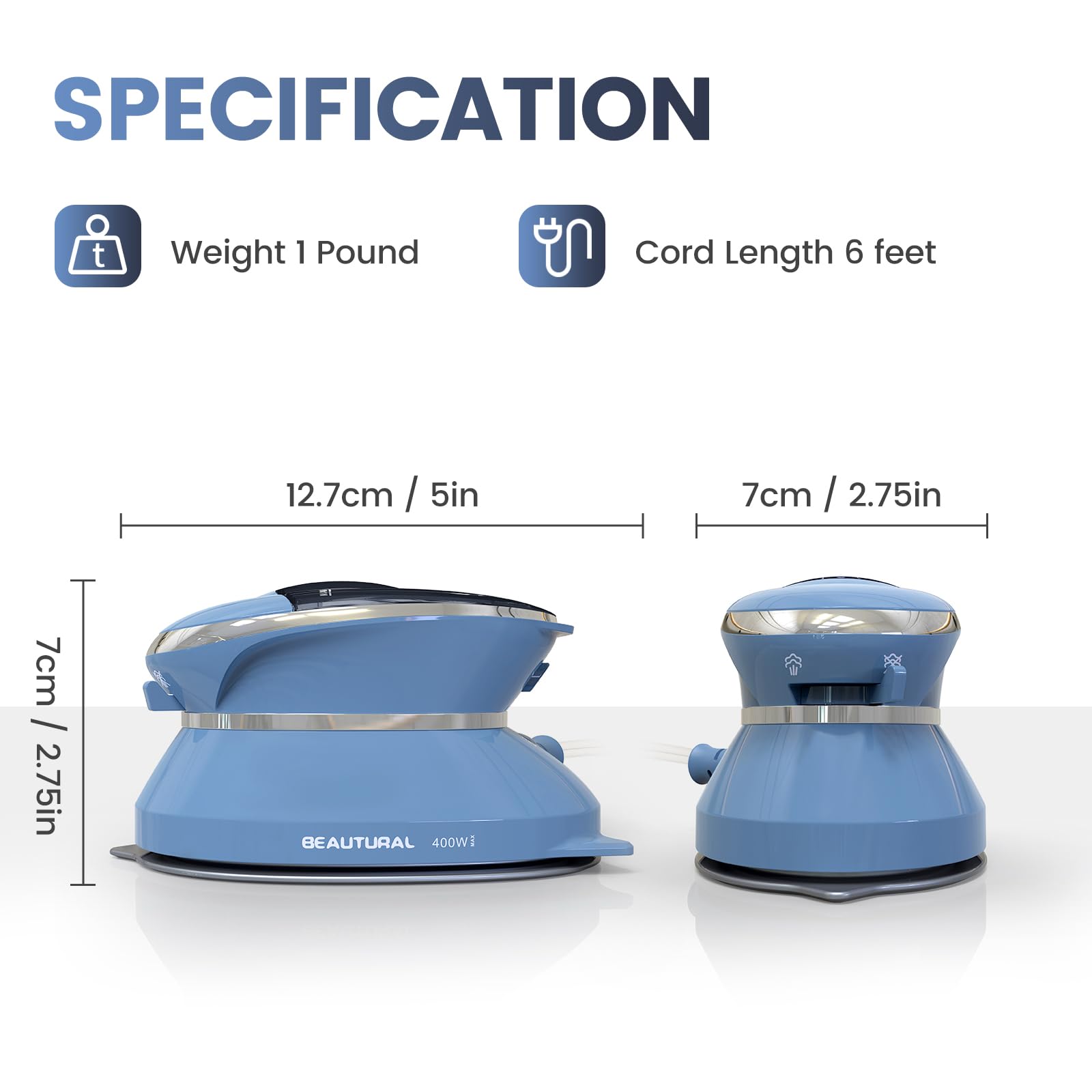 BEAUTURAL Mini Travel Steam Iron for Clothes with Dual Voltage, Non-Stick Soleplate, One Temperature Technology, Detachable Water Tank, Ideal for Sewing, Quilting and Handcraft