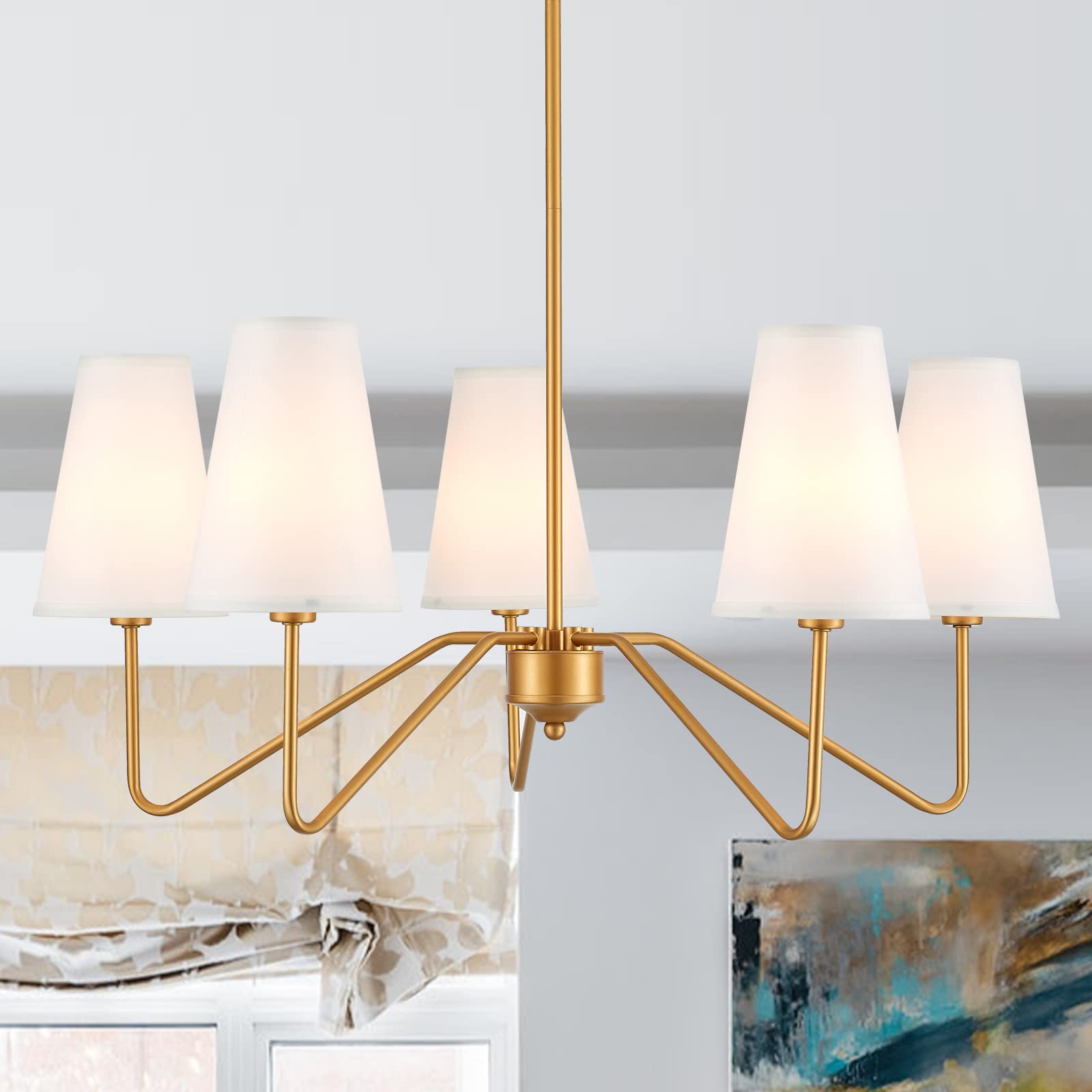 MhyTogn Modern Antique Brass Brush Paint Finish Chandelier, with Creamy-White Fabric Shade Pendant Lighting Fixture for Dining Room Living Room Kitchen Island Bedroom 5-Light