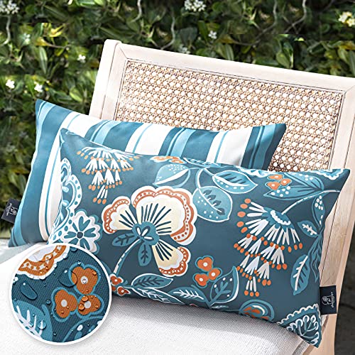 Phantoscope Pack of 2 Outdoor Indoor Throw Decorative Pillow Cover Floral Striped Waterproof Patio Pillows Cushion Case for Couch Tent Park, Dark Blue 12 x 20 Inches