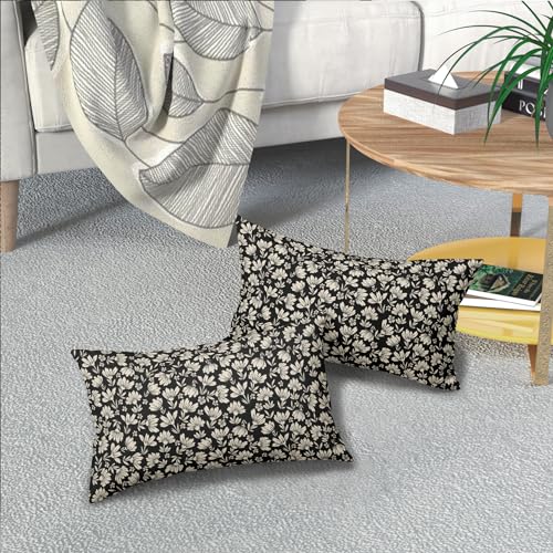 Black Block Print Lumbar Pillow Covers 12x20 Inch Set of 2, Rustic Cottage Style Cream Floral Decorative Throw Pillow Cases Cushion Covers Vintage Decoration Gift Farmhouse Sofa Couch Bed Decor