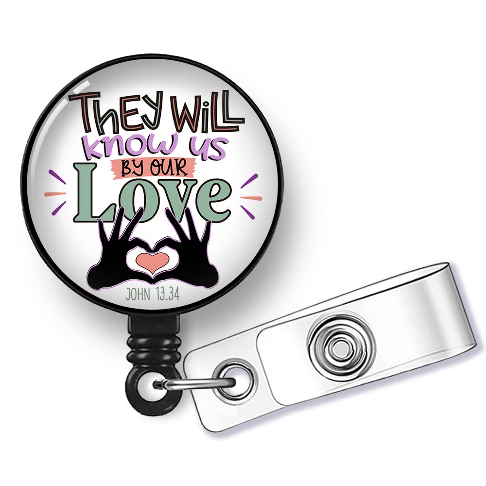 Hafhue They Will Know Us by Our Love Retractable Badge Reel with Alligator Clip, Funny Badge Reel Gift for Social Worker Office Worker Boss Colleague Nurse Doctor Teachers