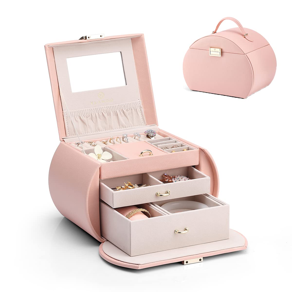 Vlando Jewelry Box Organizer, Leather Mirrored Jewelry Case in Princess Style, Necklaces Earrings Rings Watch Storage Holder, Pink