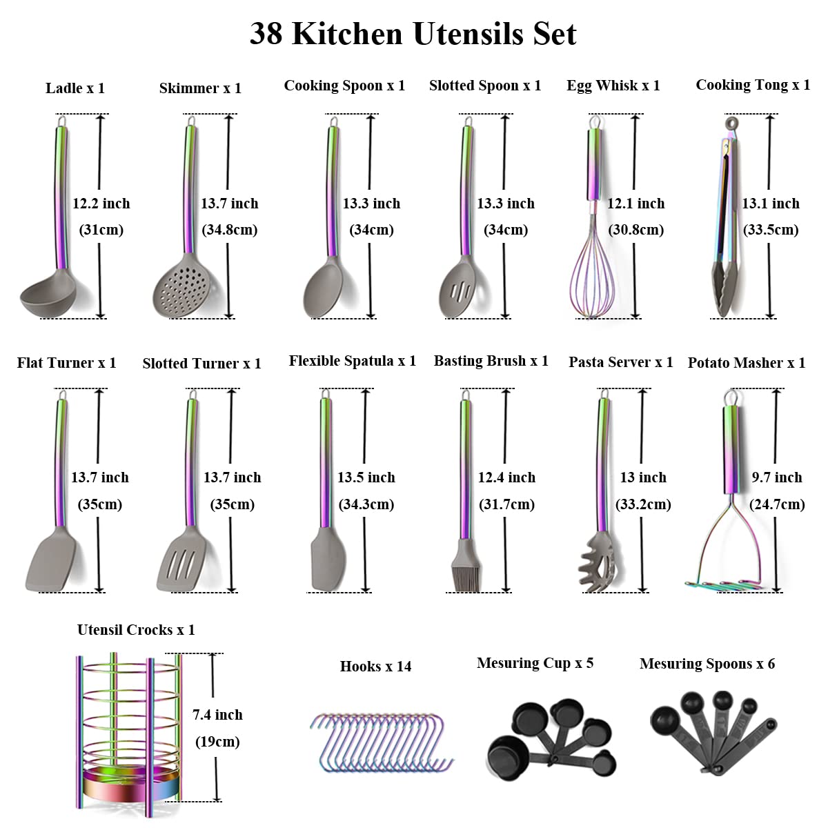 38 Piece Silicone kitchen Cooking Utensils Set with Utensil Crocks, Silicone Head and Stainless Steel Handle Cookware, Kitchen Tools for Utensil Set, Non-Stick kitchen Gadgets,Dishwasher Safe(Rainbow)