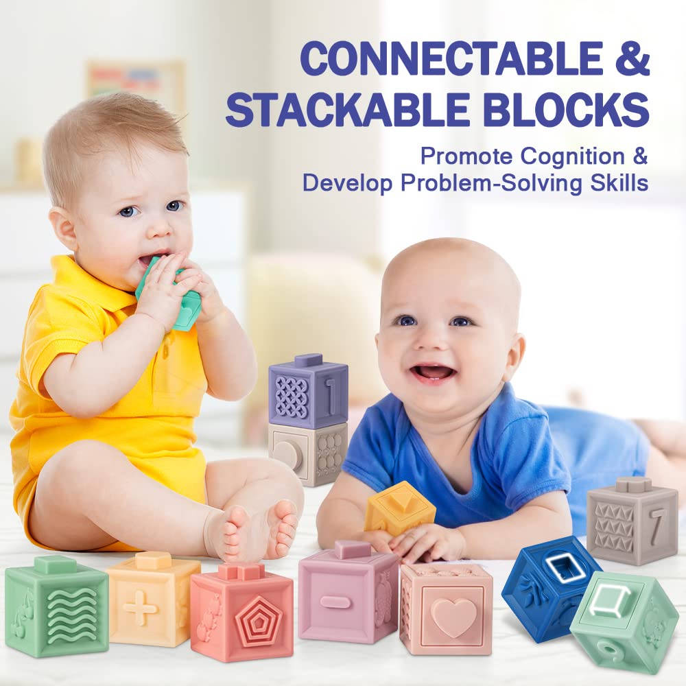 Jyusmile Baby Toys 6-12 Months, Montessori Toys for Babies 6-12 Months, Incl Stacking Building Blocks & Soft Infant Teething Toys & Sensory Balls for Toddlers 0-3-6-9-12 Months