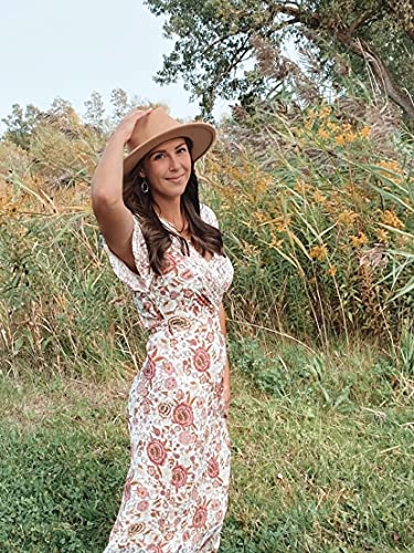 Lanzom Womens Classic Wide Brim Floppy Panama Hat Belt Buckle Wool Fedora Hat (One Size, Beige)