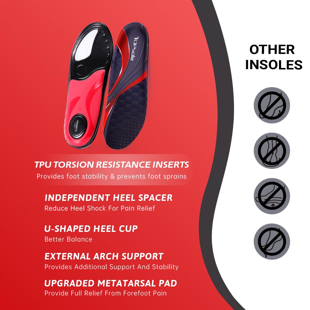 TOPSOLE Plantar Fasciitis Insoles for Men Women, 220+ Lbs Heavy Duty High Arch Support Shoe Inserts, Memory Foam Shock Absorbing Cushion for Work Boot, Flat Feet Orthotic Inserts for Foot Pain Relief