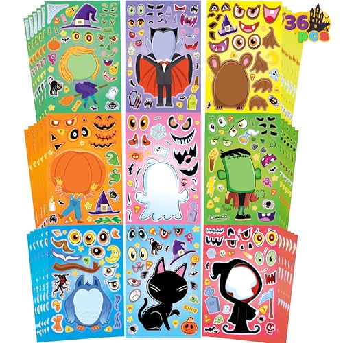 JOYIN 36 Pcs Halloween Make a Face Stickers for Kids, Halloween Crafts Party Supplies, Halloween Party Favor, Funny Stickers with 9 Designs, Halloween Games Classroom Art Activities Goodies Treats