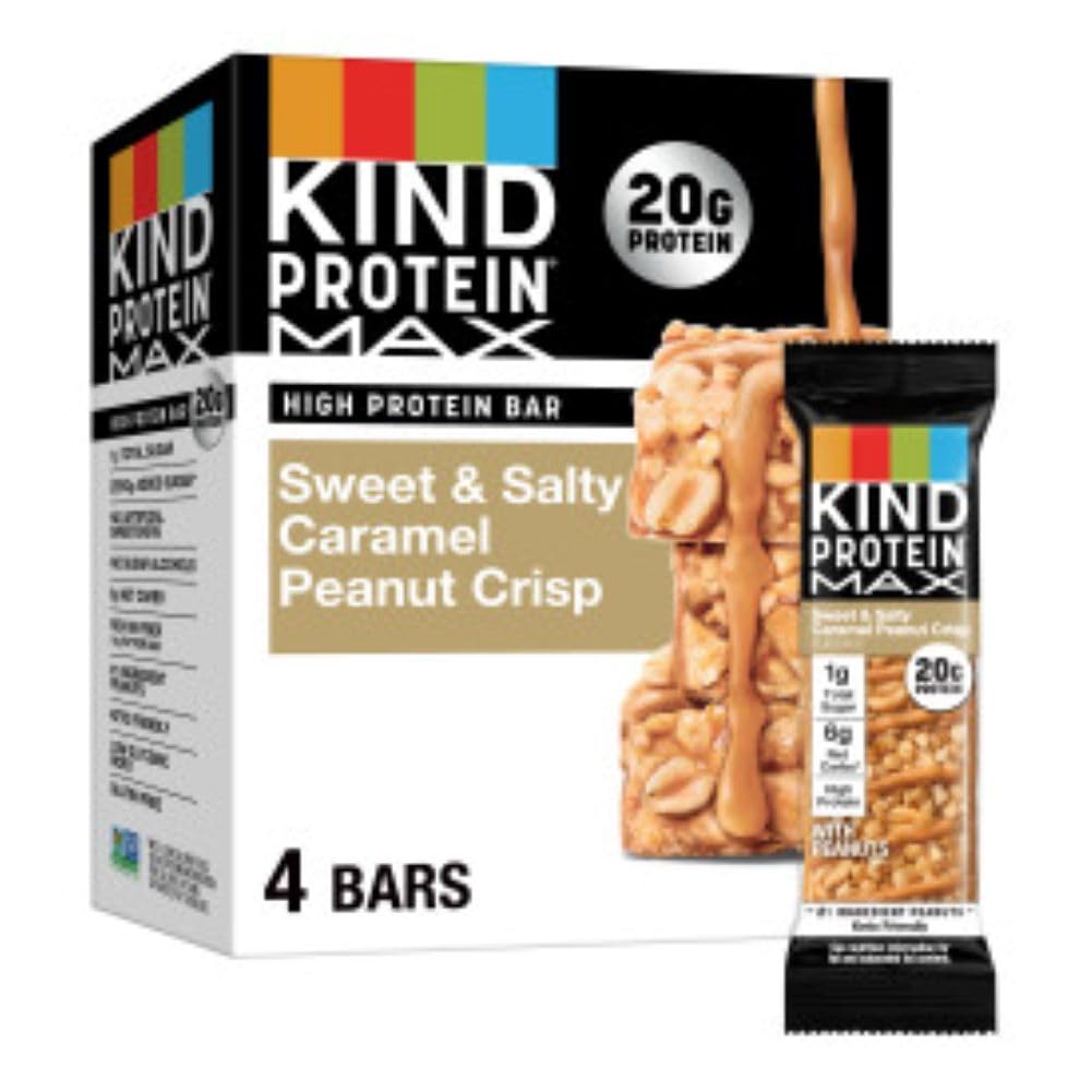 KIND Protein MAX Sweet & Salty Caramel Peanut Crisp Snack Bars, 20g of Protein, Keto Friendly, 1g of Sugar Per Bar, Gluten Free, 4 Count Box