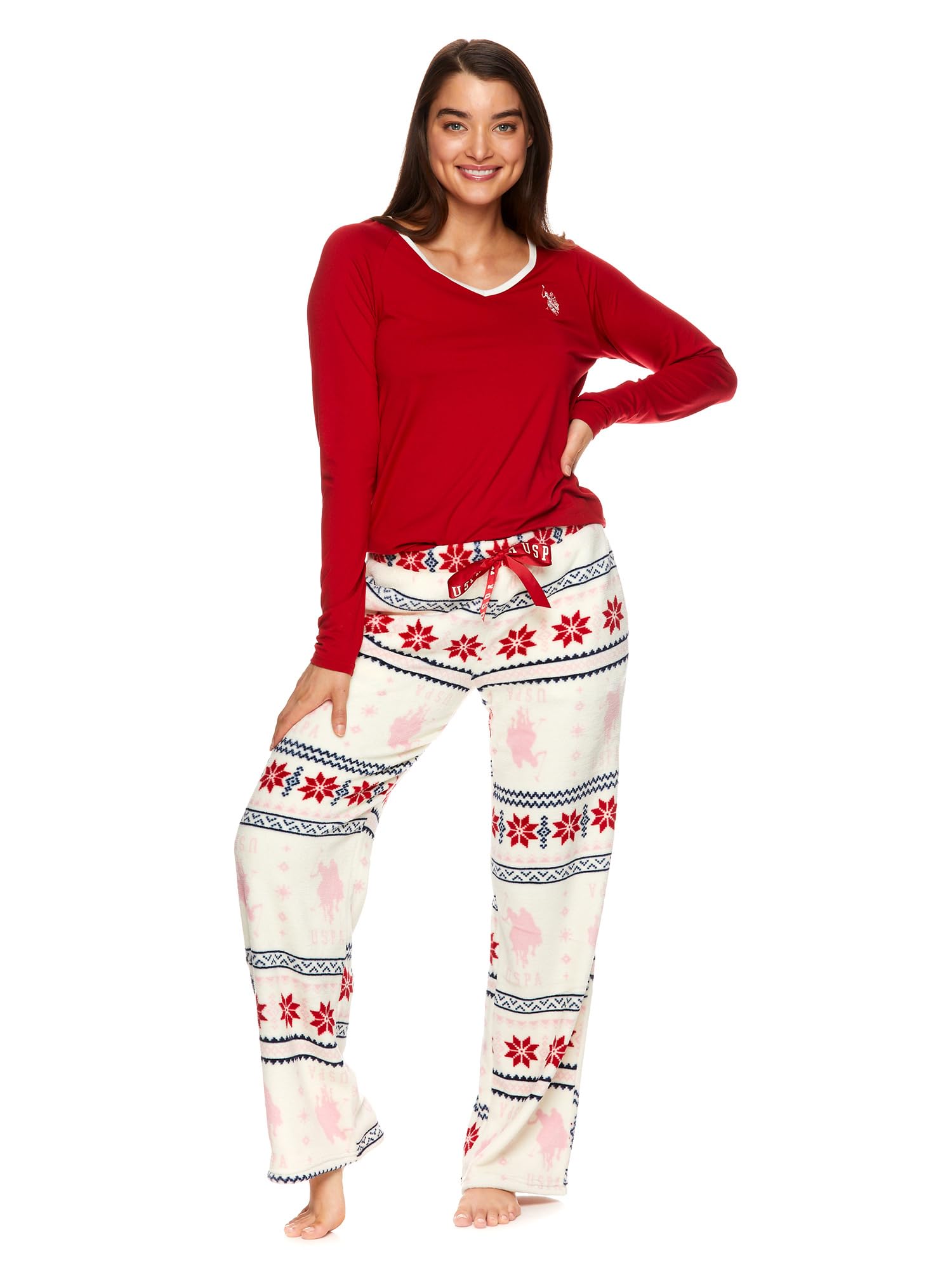 U.S. Polo Assn. Womens Pajama Sets, Fair Isle Pajama Sets for Women 2 Piece, Womens PJs Sets (Red, Large)