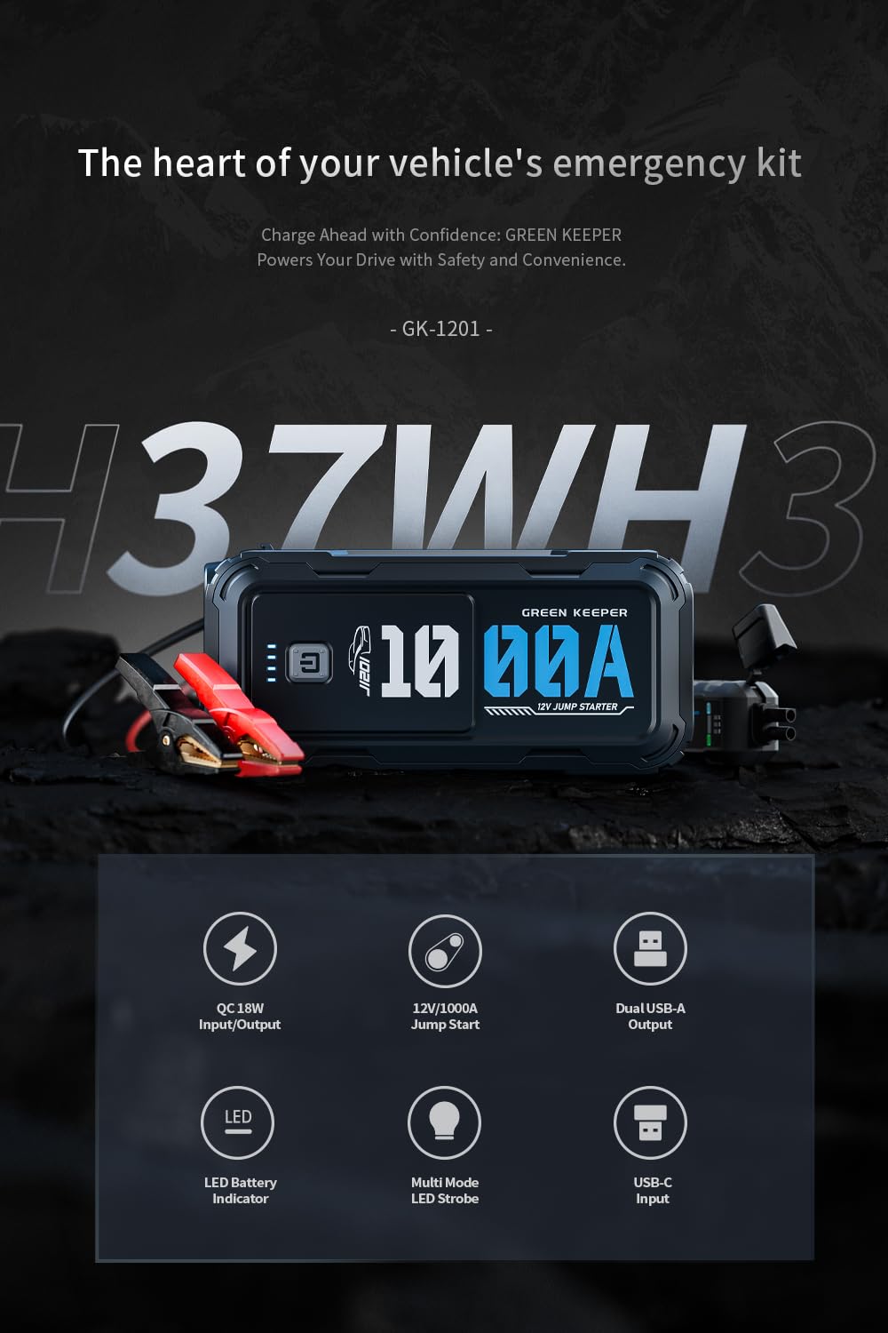 Car Battery Jump Starter 1000A: Portable Jump Start Smart Jumper Cable 12V Battery Jumper Starter for 5.0L Gas & 3.5L Diesel Jump Start Battery Pack Multiple Emergency Kit with LED & Safety Protection