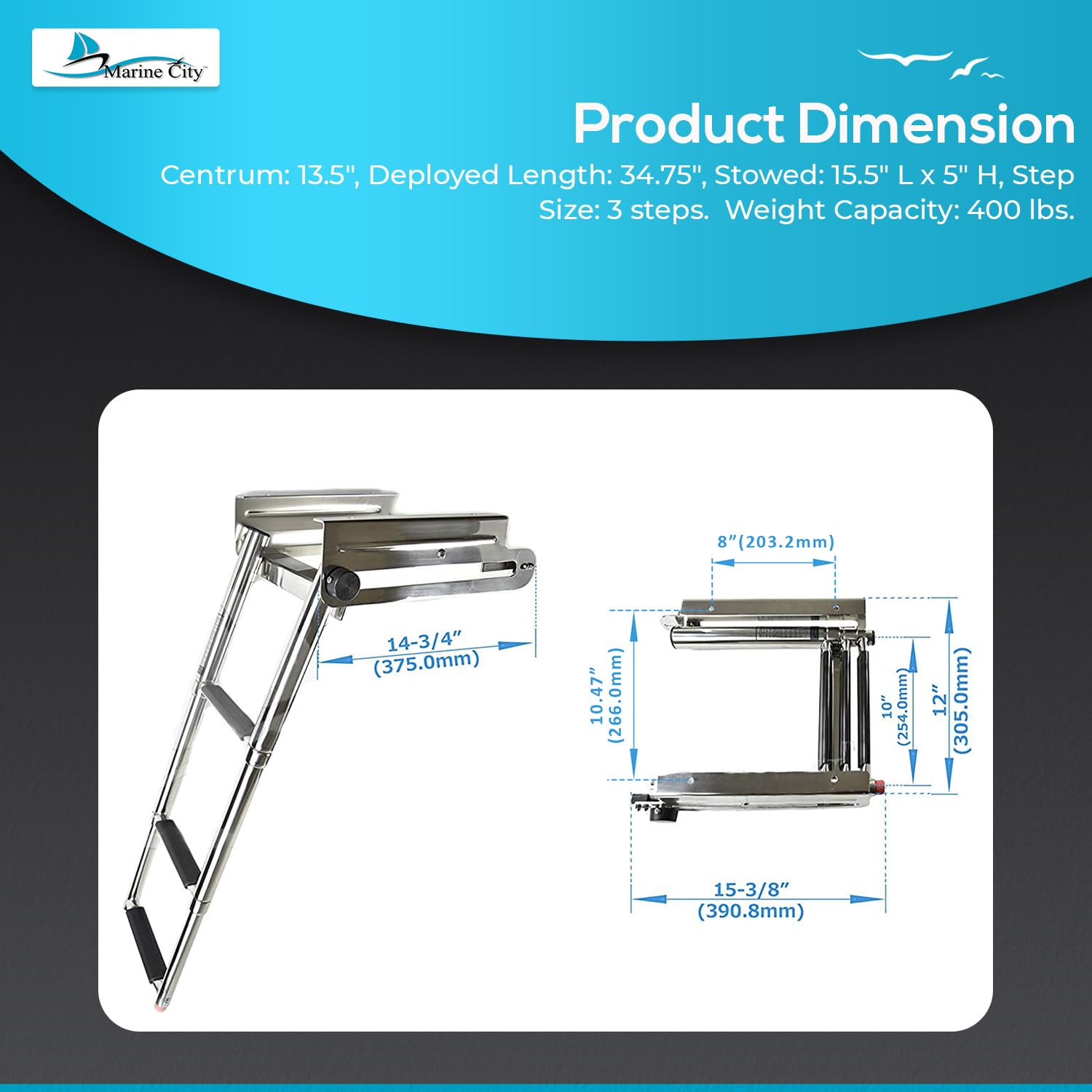 MARINE CITY 304 Stainless Steel Telescoping 3 Step Under Slide Boarding Boat Ladder with Swim Platform Mount - Swiveling, Flips Up - Ideal for Marines, Boats, Yachts, and Pontoons