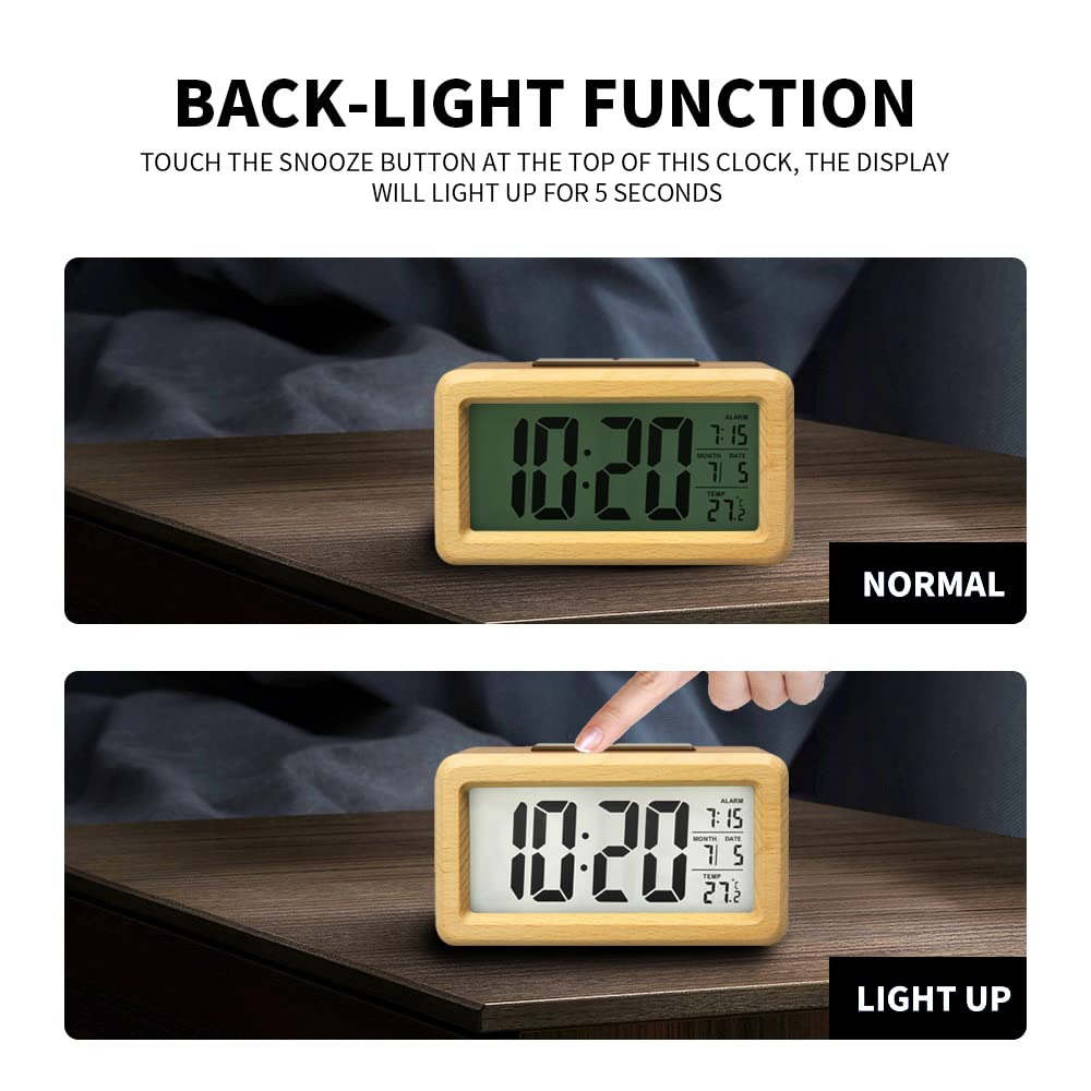 everwood Wooden Digital Alarm Clocks for Bedrooms Battery Operated, Wooden LCD Digital Clock with Smart Sensor Night Light, Temperature Detect, Snooze Function