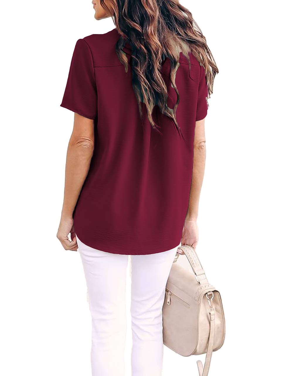 Allimy Women Summer Clothes Shirt V Neck Short Sleeve Tops Fashion 2025 Blouses Wine Large