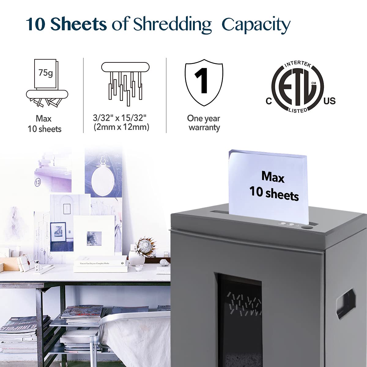 WOLVERINE 10-Sheet Super Micro Cut High Security Level P-5 Heavy Duty Paper/CD/Card Ultra Quiet Shredder for Home Office by 40 Mins Running Time and 6 Gallons Pullout Waste Bin SD9612 (Grey ETL)