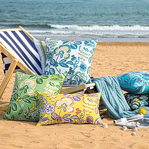 Phantoscope Pack of 2 Outdoor Indoor Throw Decorative Pillow Cover Floral Striped Waterproof Patio Pillows Cushion Case for Couch Tent Park, Dark Blue 12 x 20 Inches