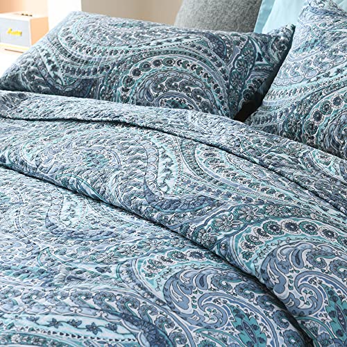 ENASAL Cotton Bedspread Quilt Sets, Reversible Bedding Coverlet Sets Comforter, Floral Paisley Bedspread (Blue, Queen Size)