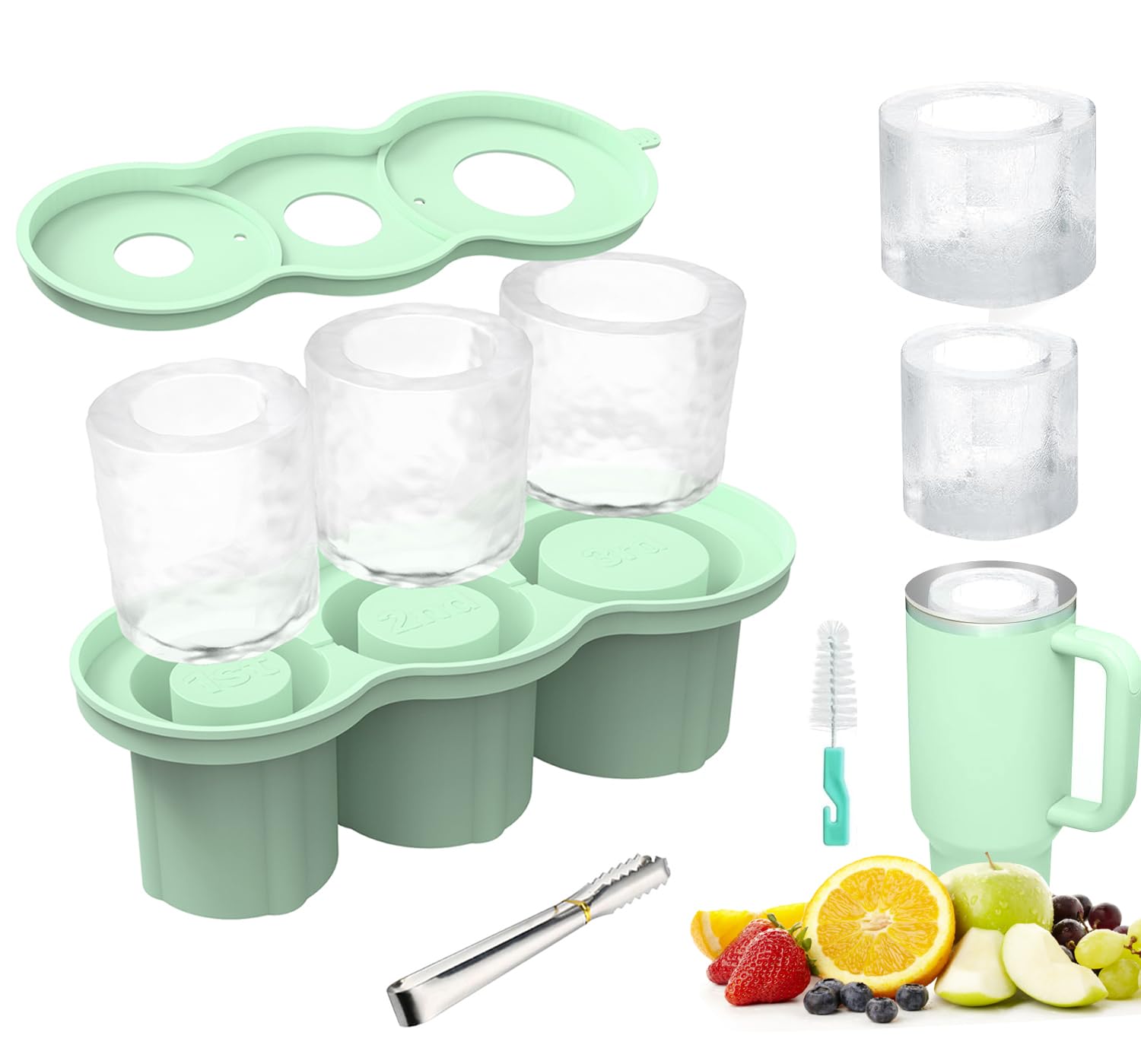 Jeniulet Ice Cube Tray 3 Different sizes Durable Stackable Silicone Cylinder Ice Cube Mold for 20oz 30oz 40oz Tumbler with Lid, Ice Tong and Brush for freezer, Chilling Cocktails,Whiskey, BPA Free