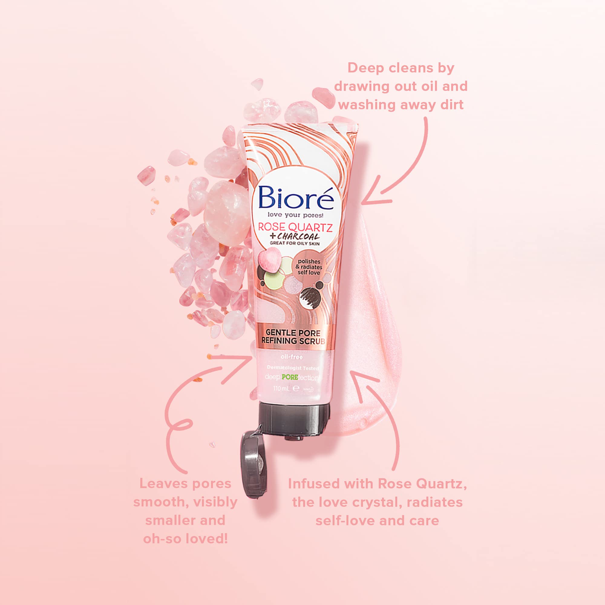 Bioré Rose Quartz + Charcoal Gentle Pore Refining Scrub, Pore Minimizing Facial Scrub, Oil Free, Dermatologist Tested, Non-Comedogenic, Cruelty Free, Vegan Friendly, 4 Oz Tubes (Pack of 3)
