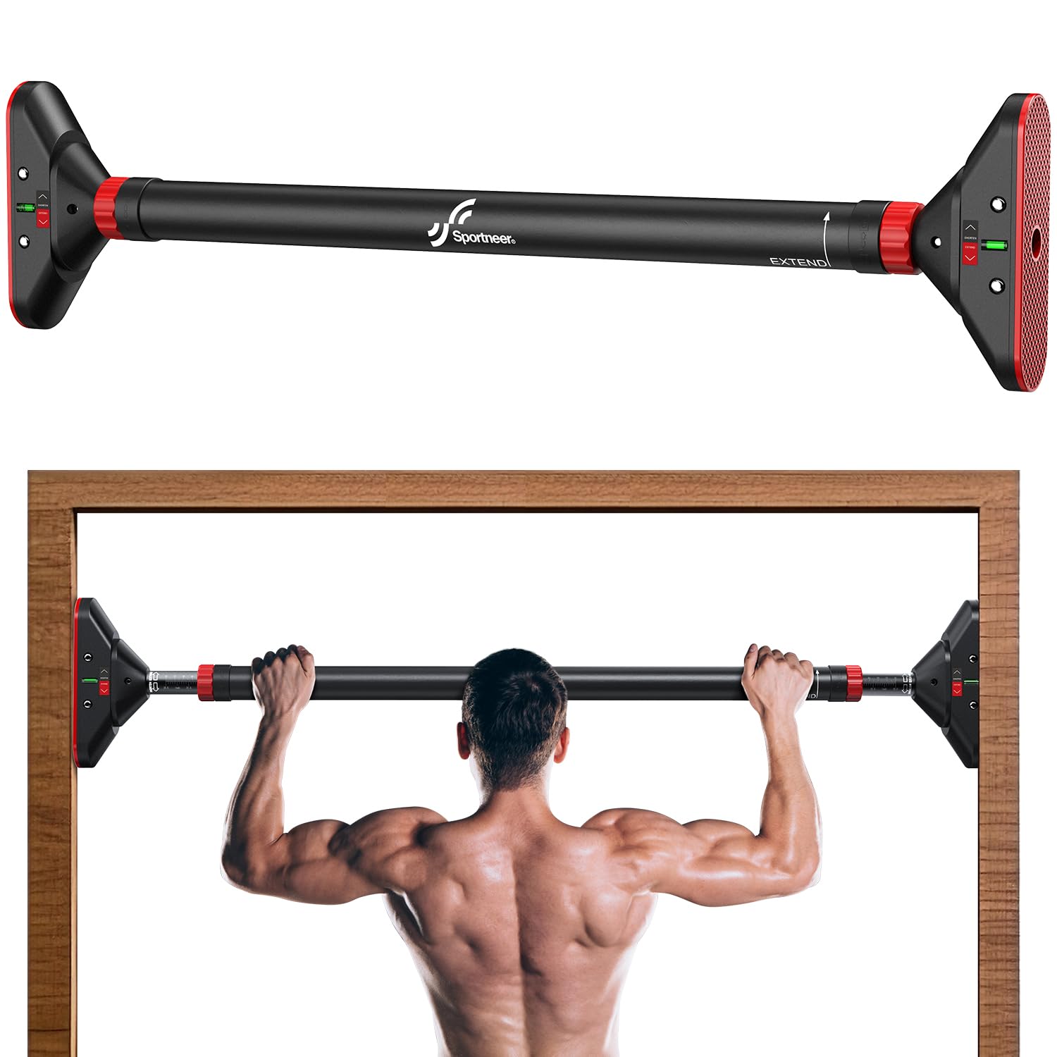 Sportneer Pull Up Bar: Strength Training Pull-up Bars without Screw - Adjustable Width Locking Mechanism Chin Up Bar, Thickened Steel Max Limit 440 lbs Upper Body Fitness Pullup Bars for Home (Black-Red)