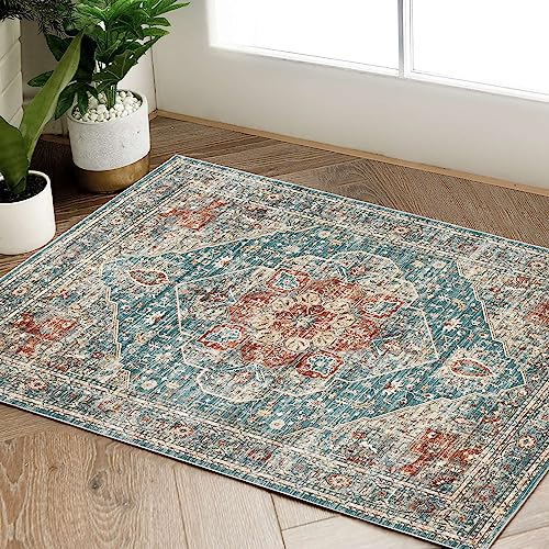 jinchan Area Rug 8x10 Accent Rug Indoor Vintage Floor Mat Soft Printed Distressed Carpet Grey Pink Non Slip Washable Floorcover for Kitchen Living Room Bedroom Dining Room