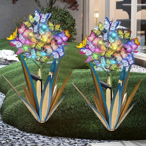 Homight Solar Metal Agave Butterfly Flower Stick Garden Sculpture Outdoor Gift Solar Garden Christmas Lights Swaying Butterfly Garden Lights Solar Outdoor (2 PCS Blue)