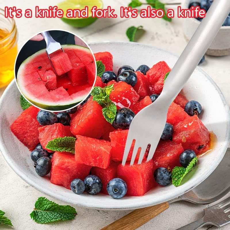 2-in-1 Stainless Steel Fruit Cutter, 2024 New Watermelon Fork Slicer Cutter Slicer Tool, Dual Head Fruit Forks Slicer Knife for Home Kitchen Gadget (1 Pcs)