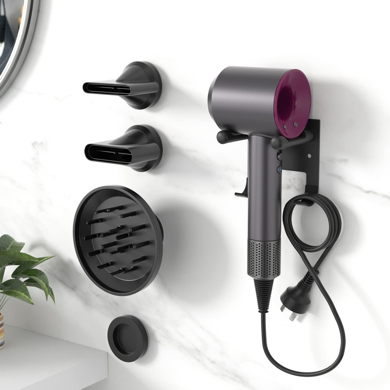 Hair Dryer Holder for Supersonic, with 4 Ring for Attachments Accessory Storage, with Wire Organization, Non-Slip Eva Protector, Black, Wall Mounted, Adhesive/Drilling