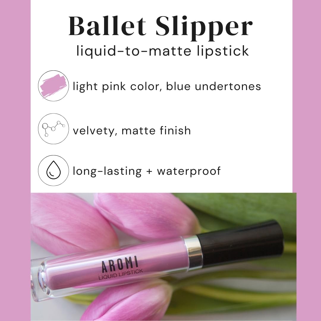 Aromi Matte Liquid Lipstick | Light, Baby Pink Lip Color with Blue Undertones, Long-lasting, Vegan, Cruelty-free, Smudge Proof, Waterproof (Ballet Slipper)