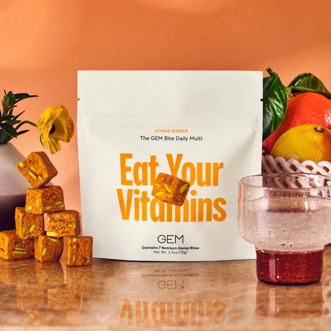 GEM Daily Essentials Citrus Ginger Multivitamin | 4 x 7-Bite Pack | Supports Energy, Gut, Skin, Brain, Bone & Immunity | 20+ Whole-Food Vitamins & Minerals | Gluten Free, Soy Free, No Animal Products