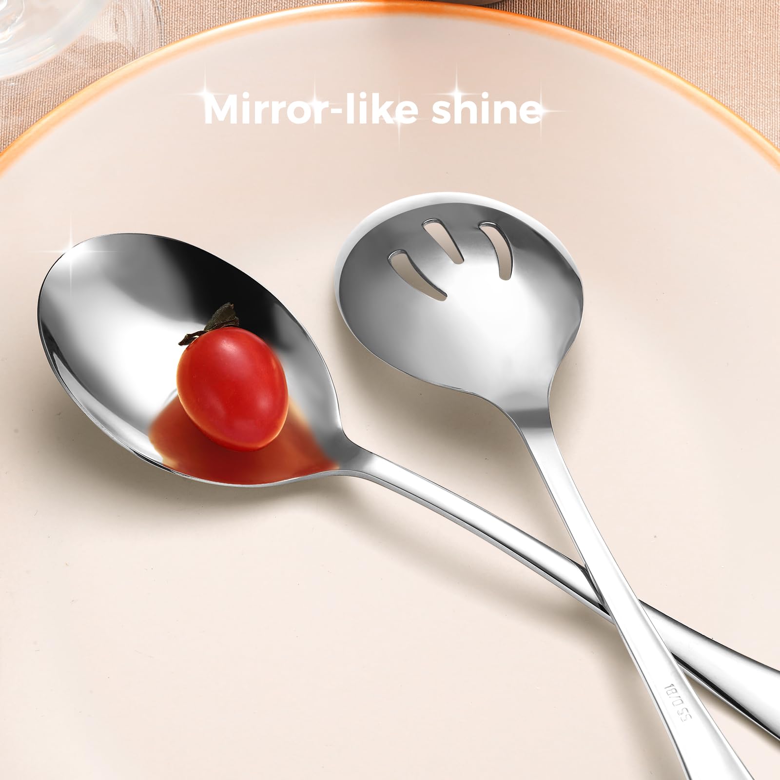Keyoxy Stainless Steel Serving Spoons Set, 6pc, 10-Inch, Includes 3 Large, 3 Slotted, for Parties/Kitchen/Buffet/Catering, Dishwasher Safe