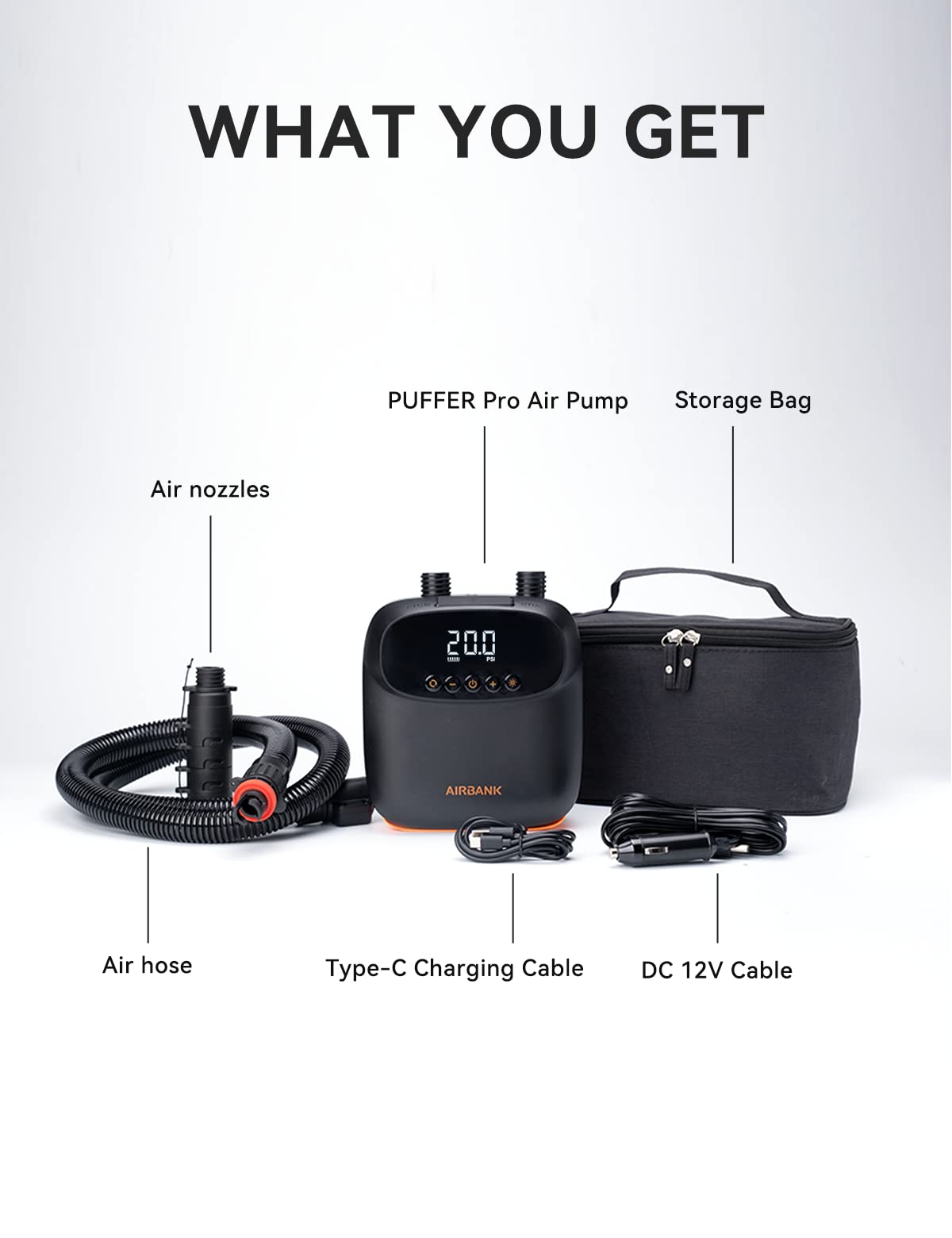 AIRBANK 20PSI Paddle Board Pump The Puffer Pro, Rechargeable SUP Pump, Dual Stage Auto Off Air Pump for Paddleboard, Kite, Tent, Mattress