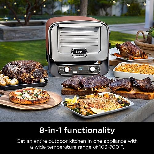 Ninja Woodfire Outdoor Pizza Oven, 8-in-1 Portable Electric Roaster Oven, Heats up to 700°F, 5 Artisan Pizza Settings, Integrated BBQ Smoker Box, Includes Flavored Wood Pellets, Terracotta Red