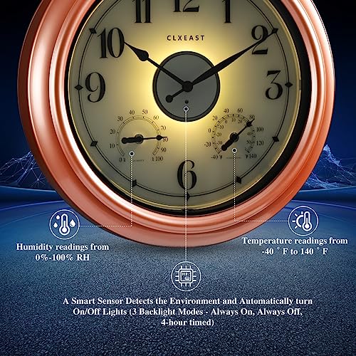 CLXEAST 18 Inch Illuminated Outdoor Indoor Clocks with Smart Sensor,Modern Farmhouse Lighted Wall Clock with Temperature and Humidity for Patio, Garden Decor,Copper/Rose Gold Finish