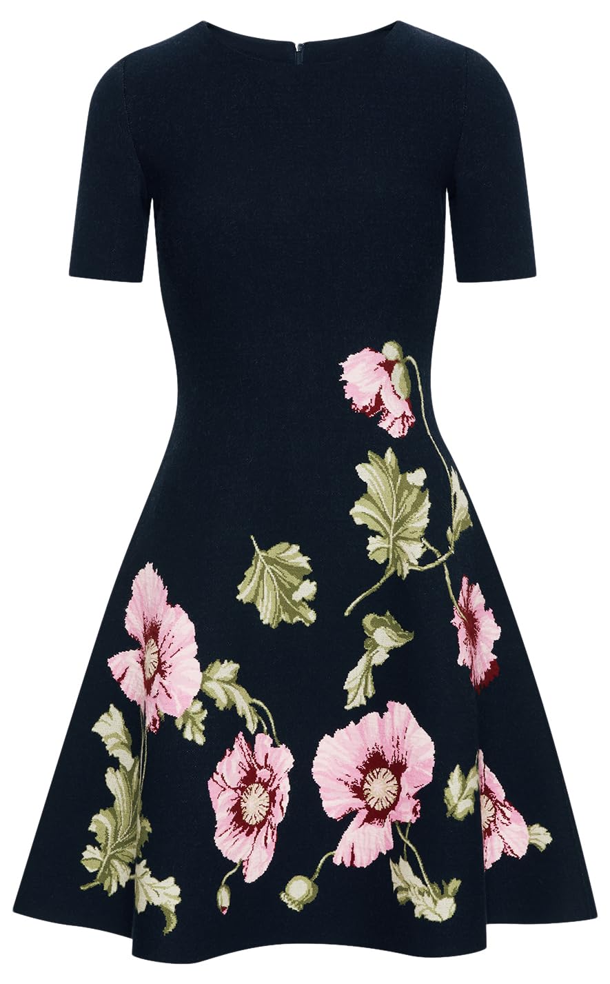 Oscar de la Renta, Poppy Jacquard Dress, Navy/Pink, XL