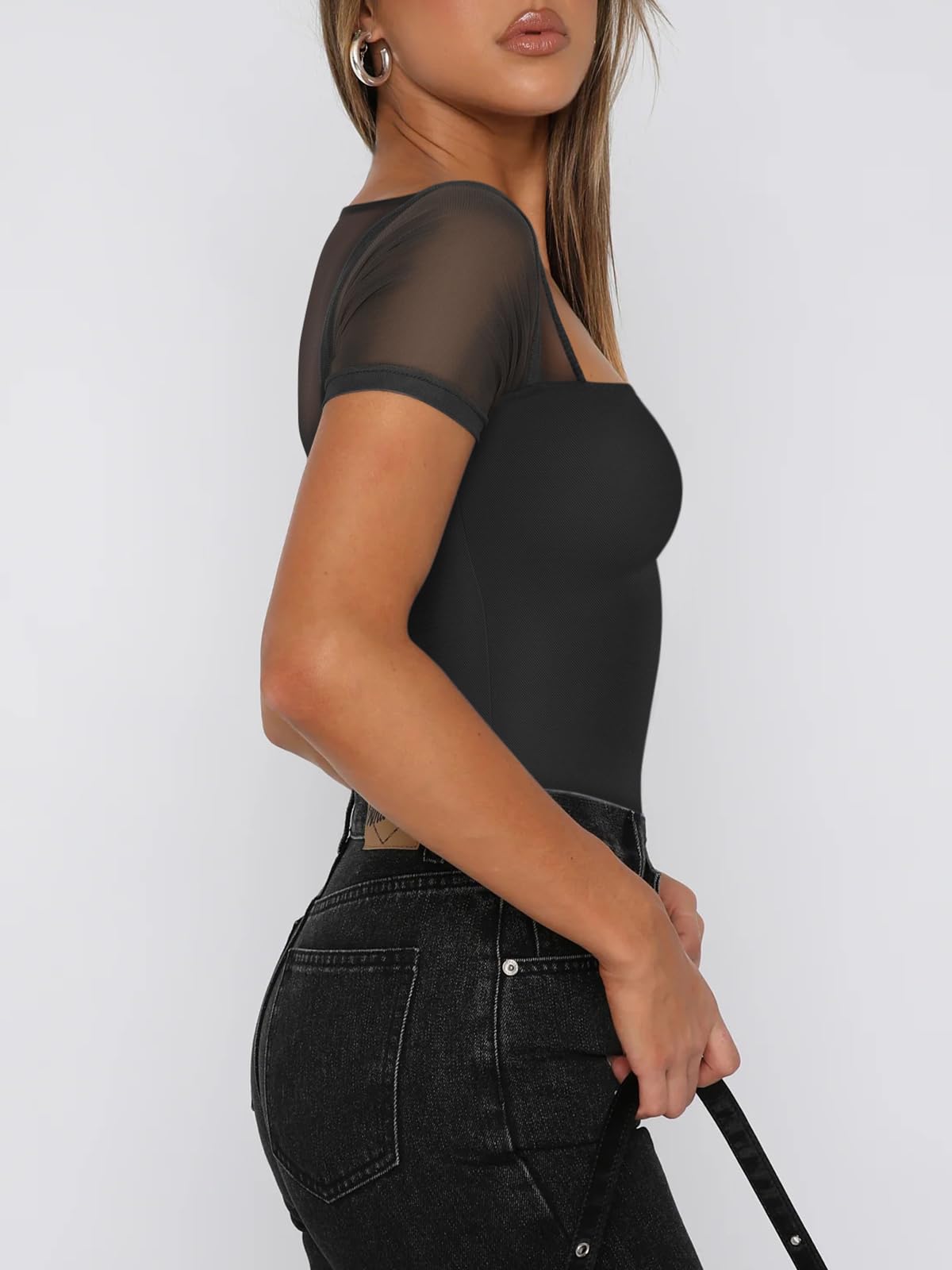 REORIA Women's Sexy Square Neck Short Sleeve Mesh Double Lined Slimming 2025 Trendy Going Out Bodysuits Tops Black Small