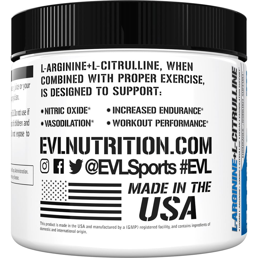 Evlution Nutrition L-Arginine + L-Citrulline - Endurance + Workout Performance Supplement - 2000mg Complex - Vasodilation + Nitric Oxide Support - Vegan + Gluten Free Powder - 75 Servings