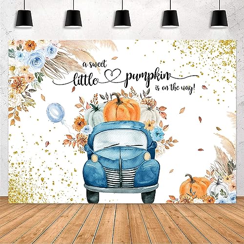 Avezano Blue Pumpkin Baby Shower Backdrop for Boy Boho Fall Baby Shower Decorations Little Pumpkin Truck Banner Thanksgiving Autumn Newborn Baby Shower Party Background(7x5ft)