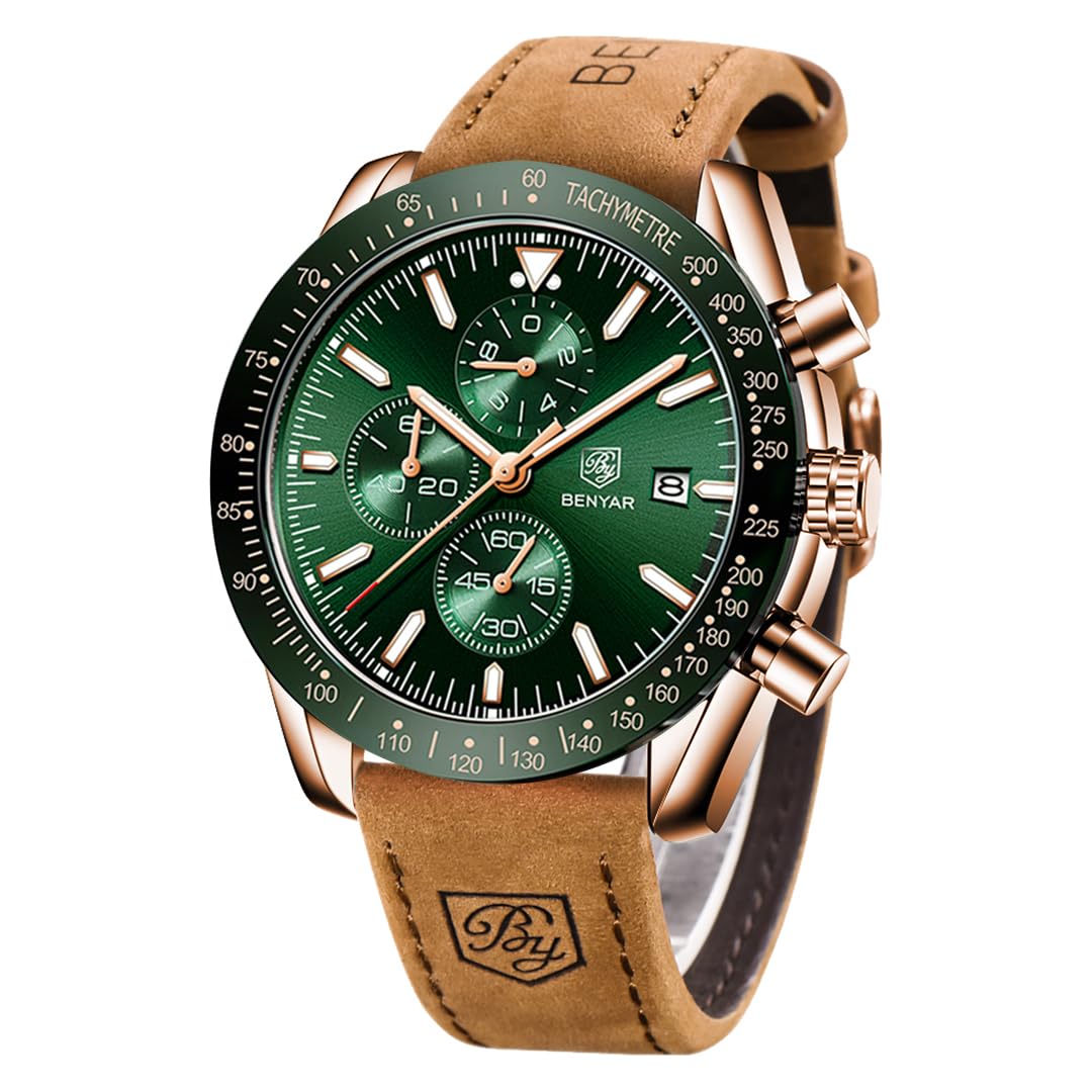 BENYAR Classic Fashion Quartz Chronograph Watch Casual Sport 30M Waterproof Leather Band Mens Watches (Green)